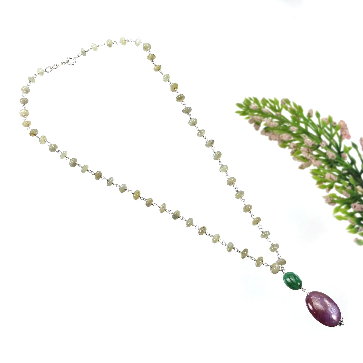 Star Ruby yellow Sapphire Chrysoberyl Cat's Eye Beads NECKLACE : 85.95ct Natural Untreated With 925 Sterling Silver 5mm - 20.5*14mm 19.5"