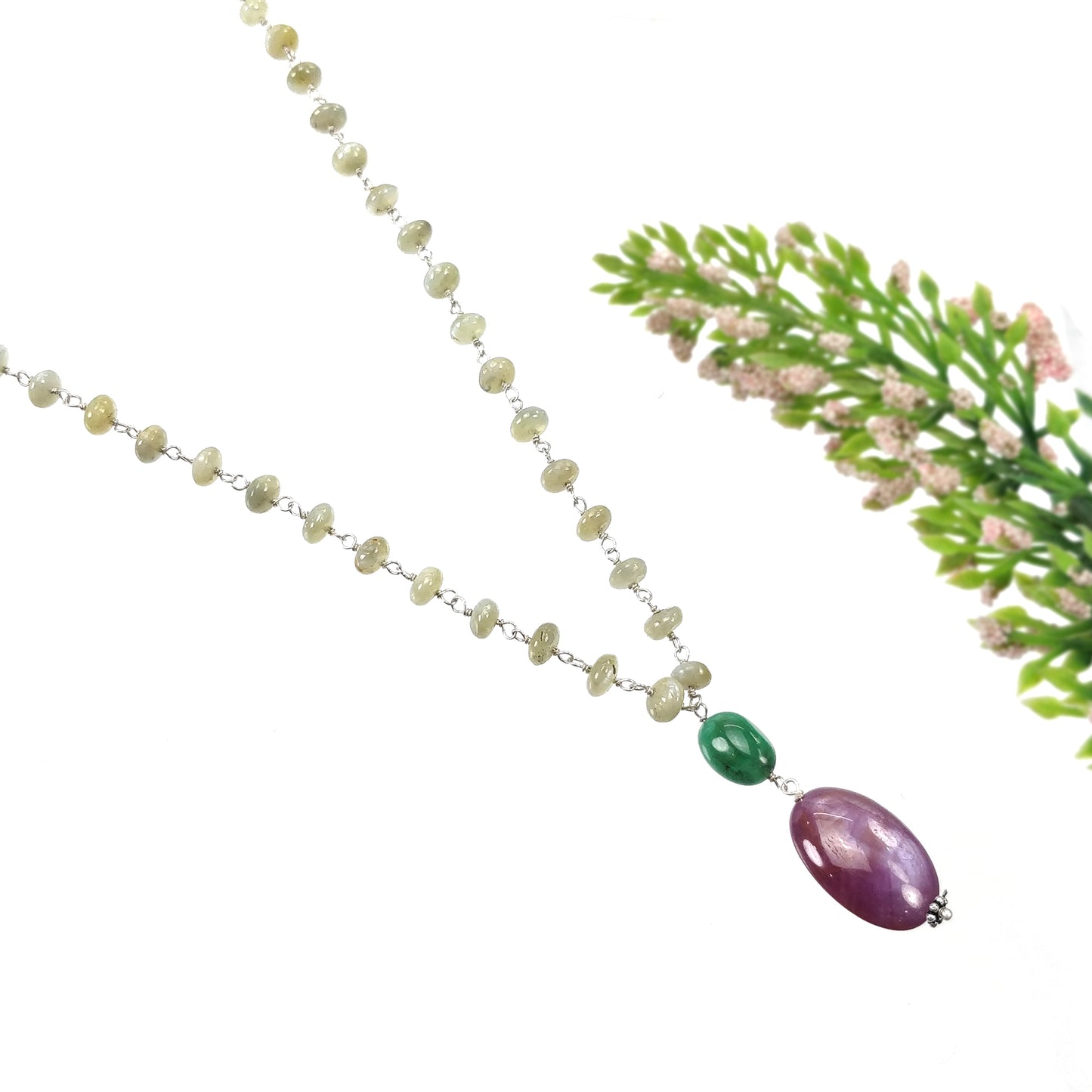 Star Ruby yellow Sapphire Chrysoberyl Cat's Eye Beads NECKLACE : 85.95ct Natural Untreated With 925 Sterling Silver 5mm - 20.5*14mm 19.5"