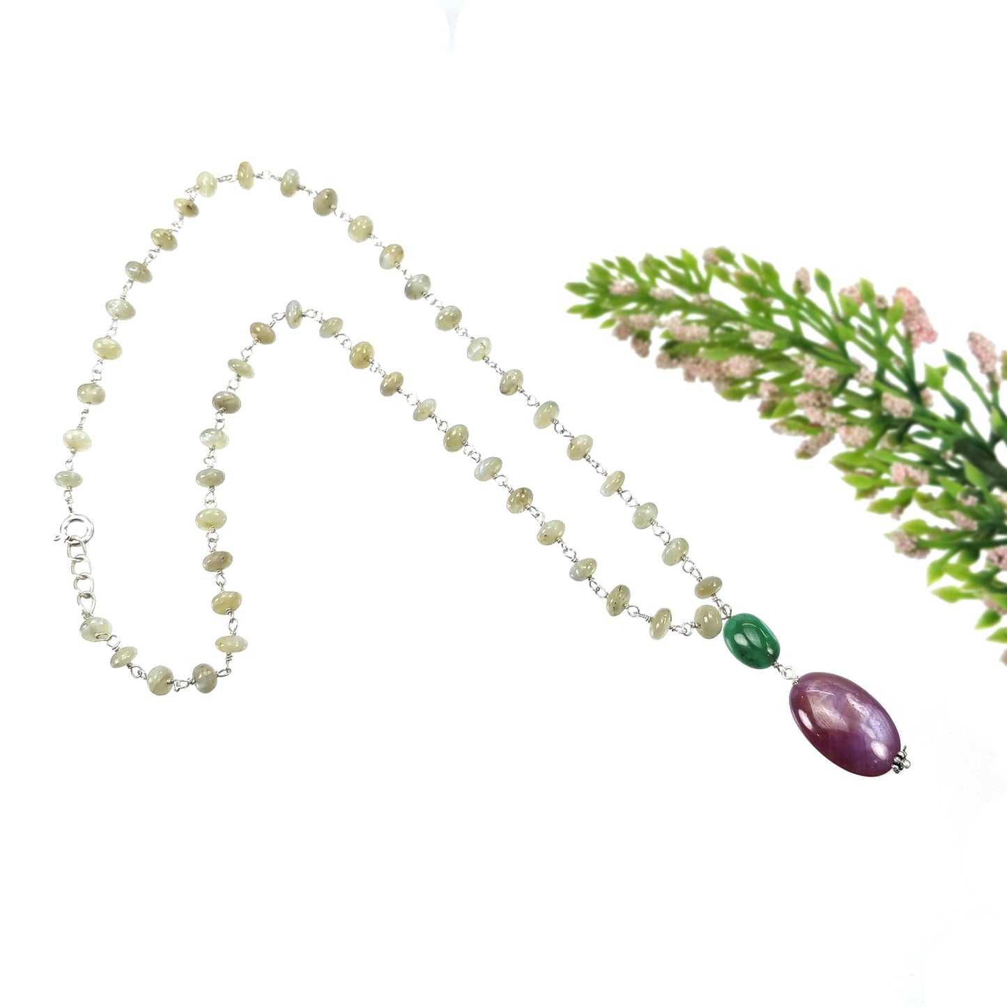 Star Ruby yellow Sapphire Chrysoberyl Cat's Eye Beads NECKLACE : 85.95ct Natural Untreated With 925 Sterling Silver 5mm - 20.5*14mm 19.5"