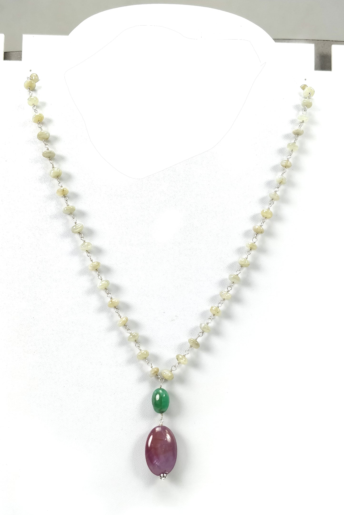 Star Ruby yellow Sapphire Chrysoberyl Cat's Eye Beads NECKLACE : 85.95ct Natural Untreated With 925 Sterling Silver 5mm - 20.5*14mm 19.5"