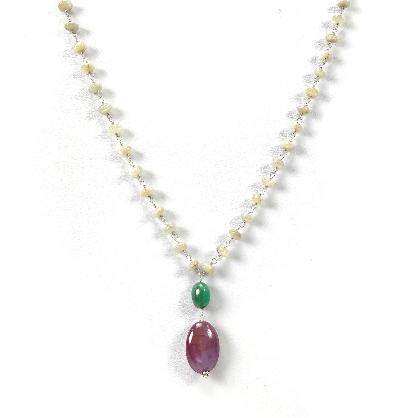 Star Ruby yellow Sapphire Chrysoberyl Cat's Eye Beads NECKLACE : 85.95ct Natural Untreated With 925 Sterling Silver 5mm - 20.5*14mm 19.5"