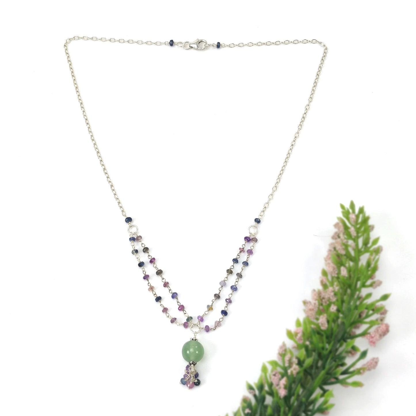 Multi Sapphire & Serpentine Gemstone Beads Chain NECKLACE : 36.80cts Natural Untreated With 925 Sterling Silver Necklace 3mm - 10mm 21"