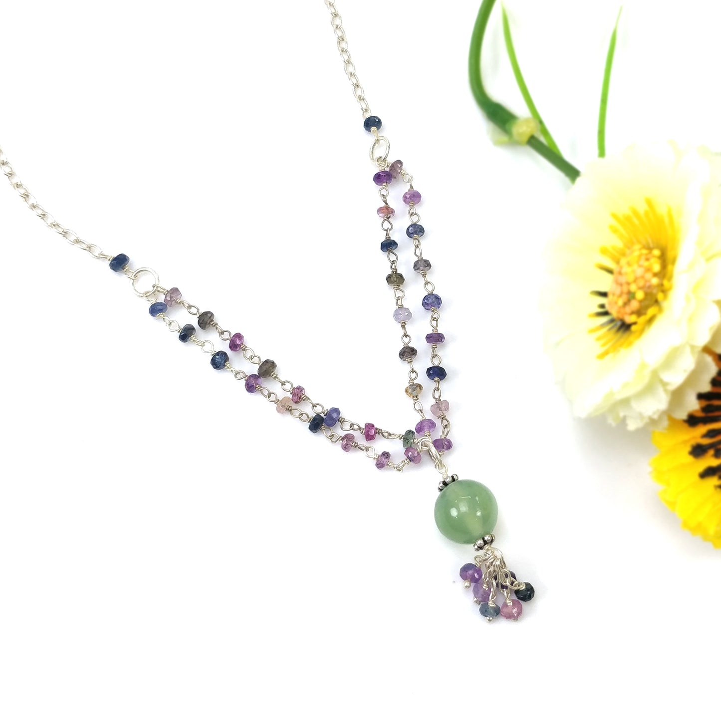 Multi Sapphire & Serpentine Gemstone Beads Chain NECKLACE : 36.80cts Natural Untreated With 925 Sterling Silver Necklace 3mm - 10mm 21"