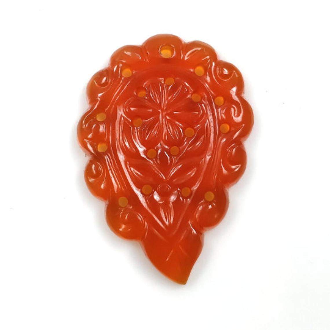ONYX Gemstone SMALL LEAF Carving : 18.00cts Natural Onyx Gemstone One Sided Hand Carved Small Size Indian Leaf 32*22mm 1pc For Pendant