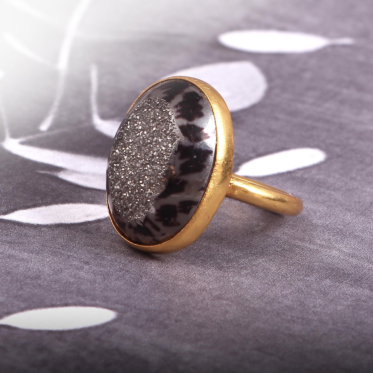 Brass Gold Plated Oval Natural Black Druzy Gemstone Ring Boho Handmade Modern Minimalist Jewelry Brass Fashion Oval Stone Ring Gift For Her