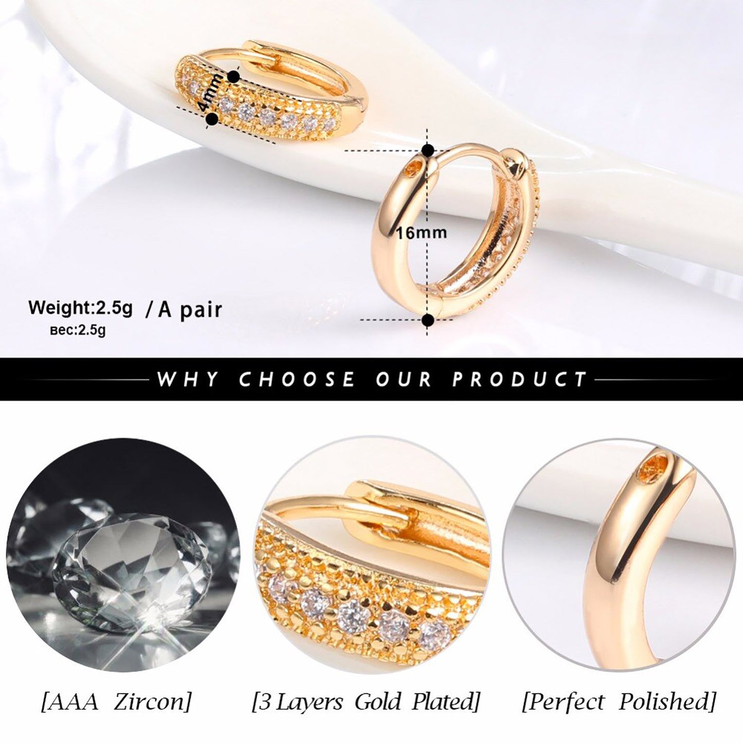 ROSE Gold Plated Hoop Earrings : 2.96gms Shiny Cubic Zirconia Round Earring Fashion Women Accessories Minimalist Jewelry For Girls 10mm