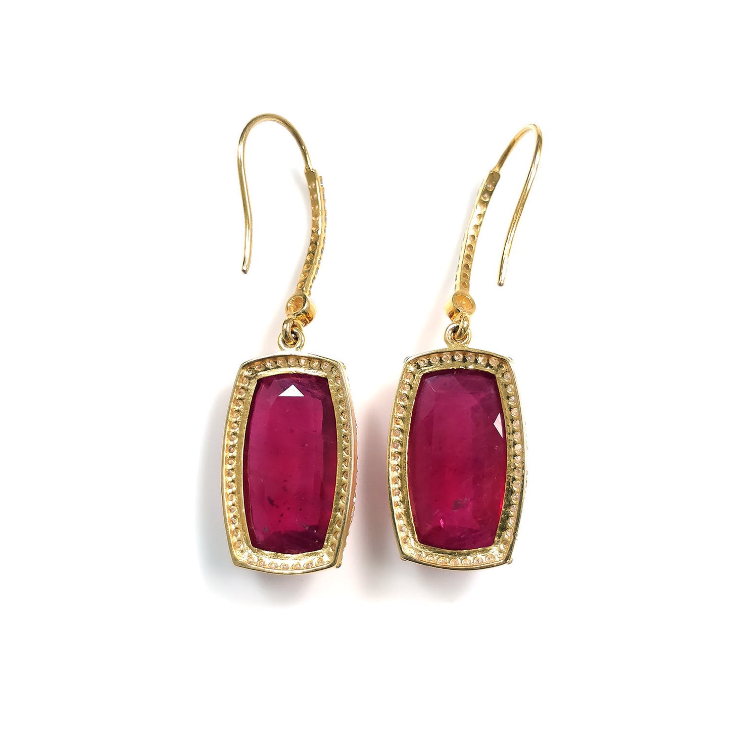 14K Gold Diamond Ruby Earring : 1.80" Natural Glass Filled RUBY Gemstone With DIAMOND 14k GOLD Drop Dangle Prong Set Style Fine Earring