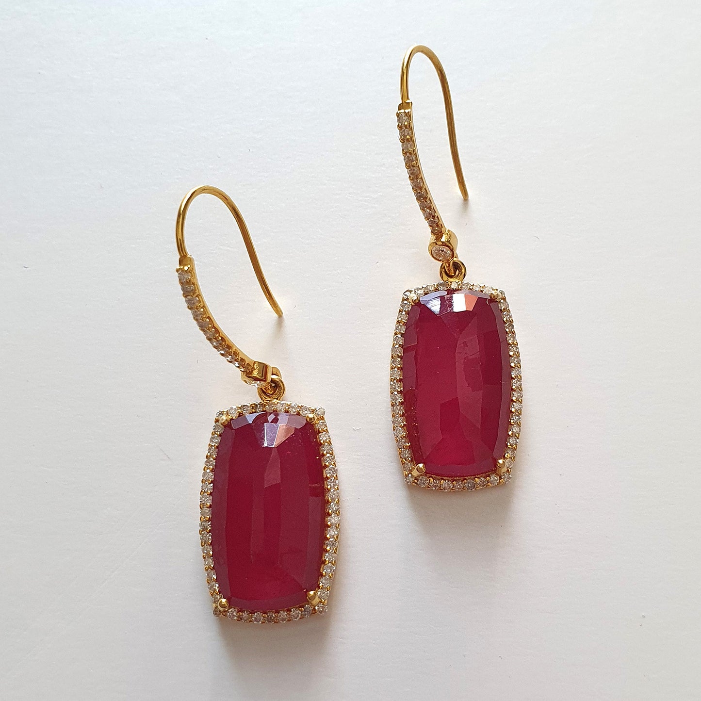 14K Gold Diamond Ruby Earring : 1.80" Natural Glass Filled RUBY Gemstone With DIAMOND 14k GOLD Drop Dangle Prong Set Style Fine Earring