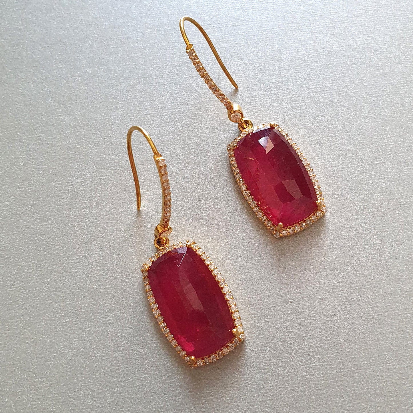 14K Gold Diamond Ruby Earring : 1.80" Natural Glass Filled RUBY Gemstone With DIAMOND 14k GOLD Drop Dangle Prong Set Style Fine Earring