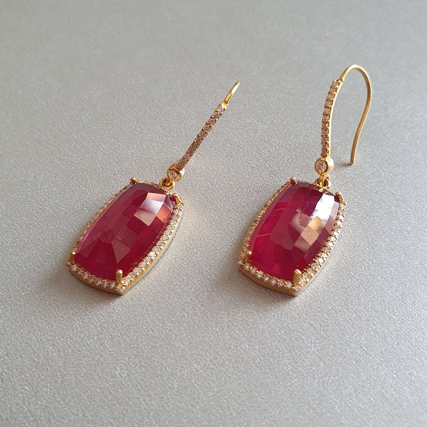 14K Gold Diamond Ruby Earring : 1.80" Natural Glass Filled RUBY Gemstone With DIAMOND 14k GOLD Drop Dangle Prong Set Style Fine Earring