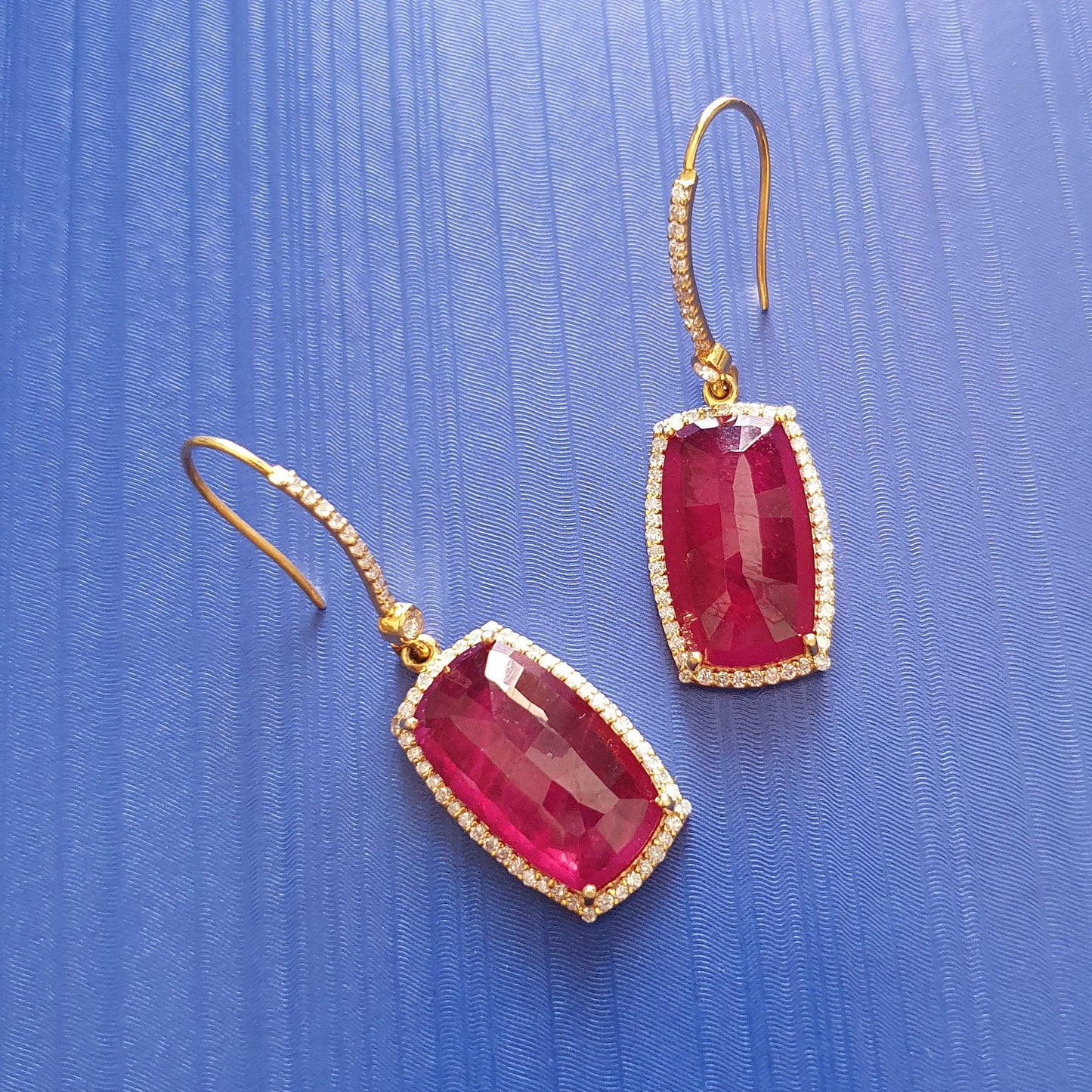 14K Gold Diamond Ruby Earring : 1.80" Natural Glass Filled RUBY Gemstone With DIAMOND 14k GOLD Drop Dangle Prong Set Style Fine Earring