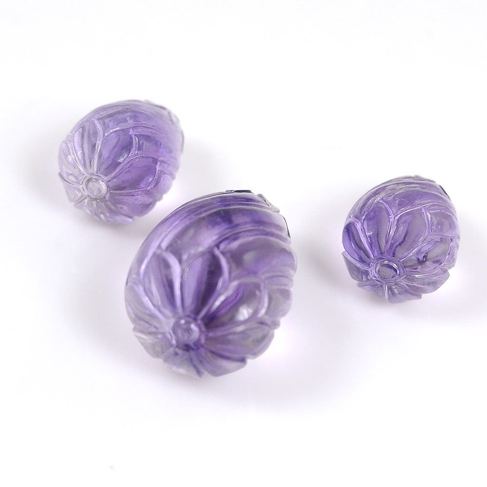 Purple AMETHYST Gemstone Carving : 84.50cts Natural Untreated Amethyst Hand Carved Tear Drops 18mm - 26mm 3pcs (With Video)