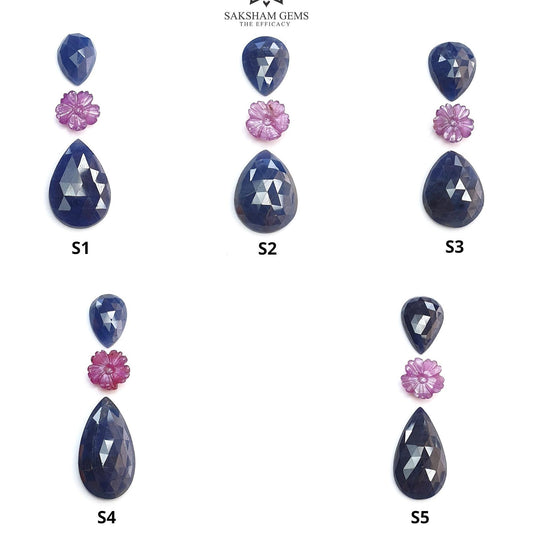 Blue & Pink Sapphire Gemstone Rose Cut And Carving : Natural Untreated Unheated Sapphire Round Flower With Pear Shape 3pcs Sets