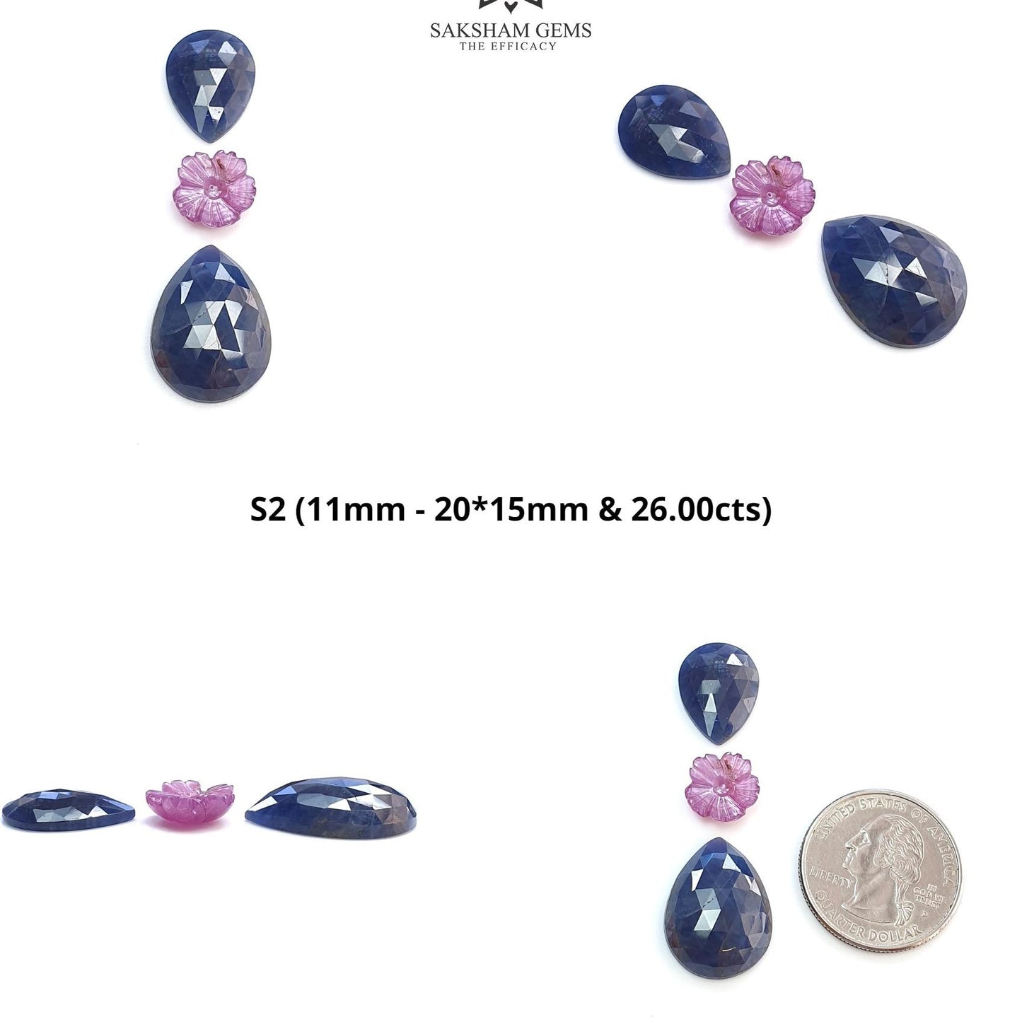 Blue & Pink Sapphire Gemstone Rose Cut And Carving : Natural Untreated Unheated Sapphire Round Flower With Pear Shape 3pcs Sets
