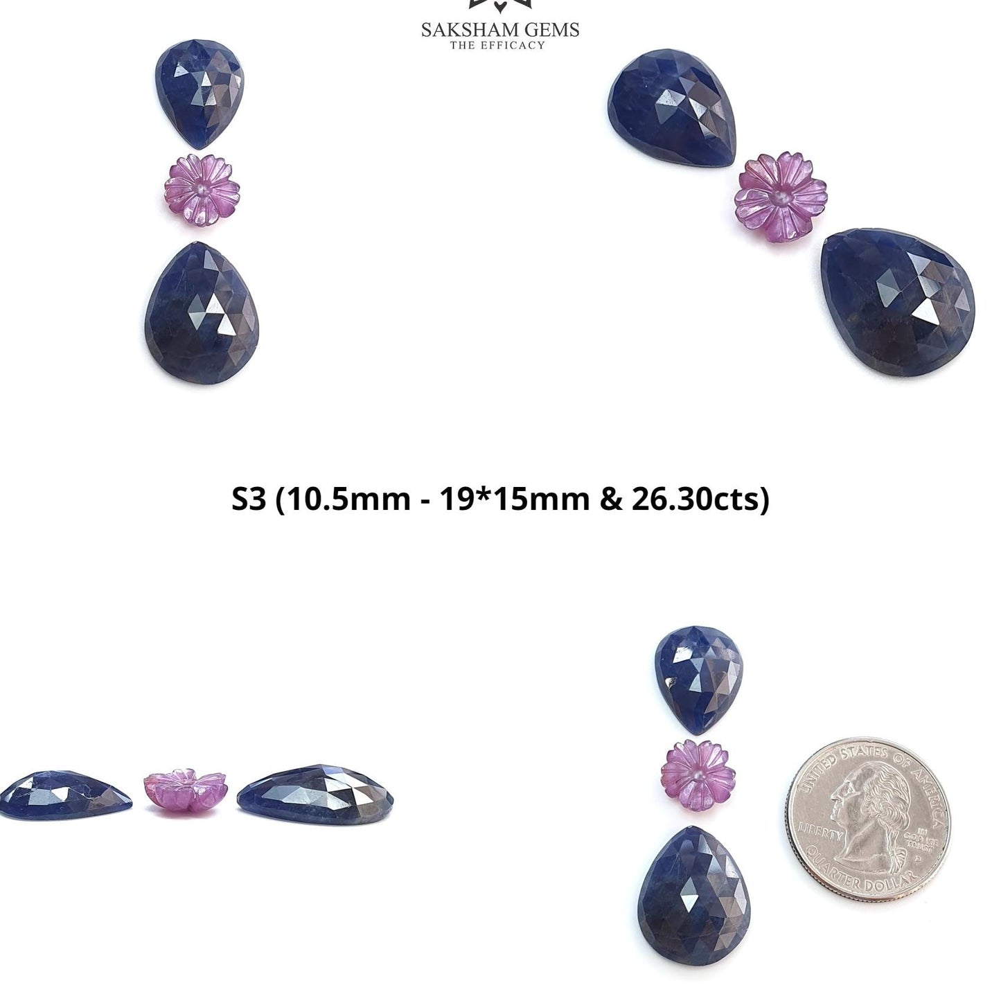 Blue & Pink Sapphire Gemstone Rose Cut And Carving : Natural Untreated Unheated Sapphire Round Flower With Pear Shape 3pcs Sets