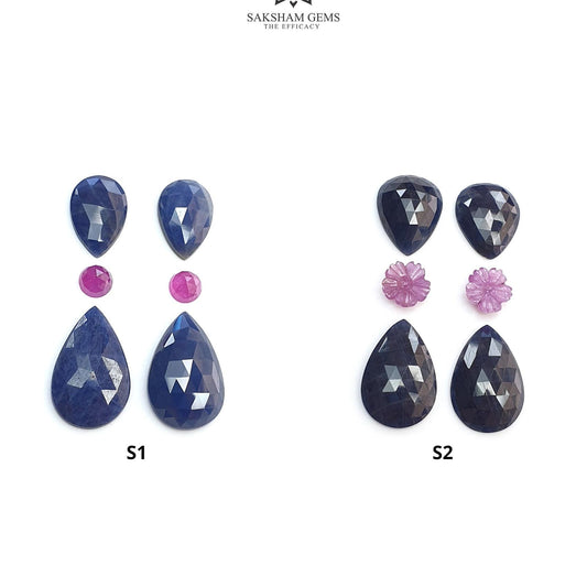 Blue & Pink Sapphire Gemstone Rose Cut And Carving : Natural Untreated Unheated Sapphire Round Flower With Pear Shape 6pcs Sets