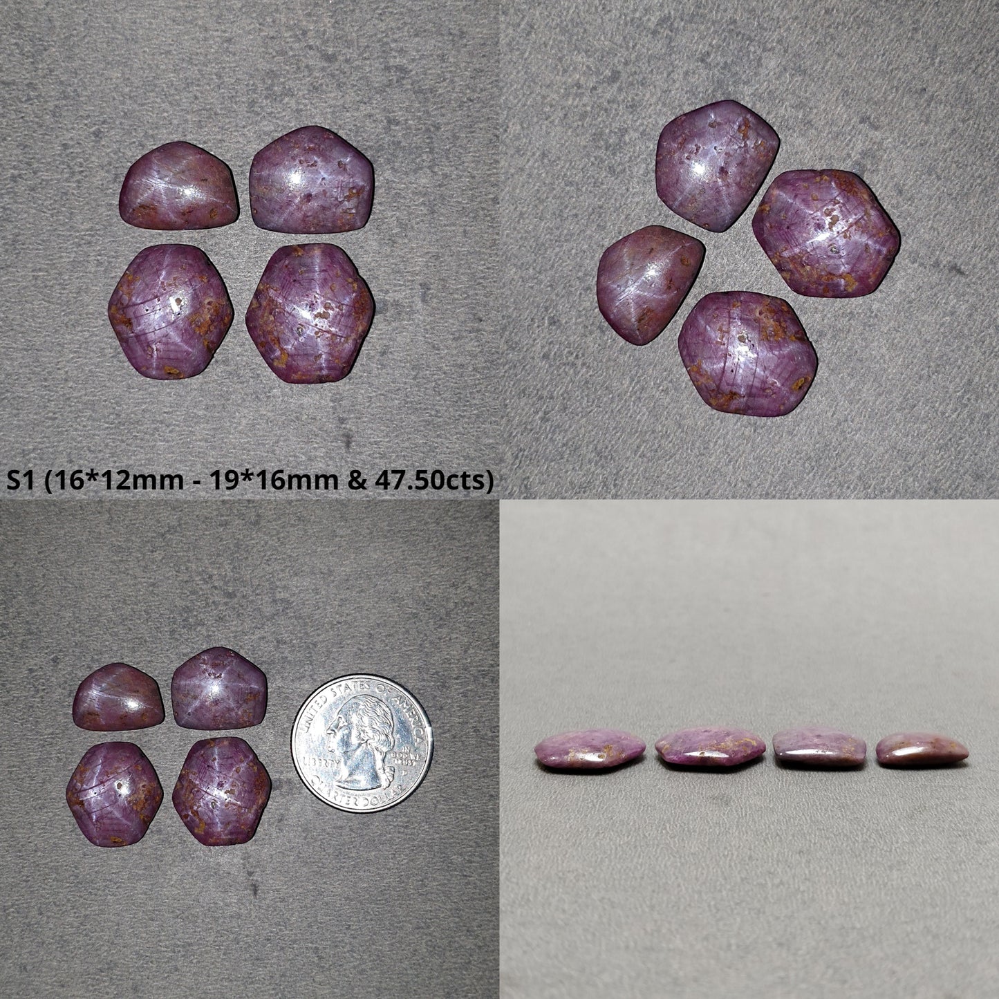 Johnson Star Ruby Gemstone Cabochon : 47cts - 84cts Natural Untreated Unheated Red 6Ray Star Ruby Hexagon Uneven Shapes 4pcs & 5pcs Sets