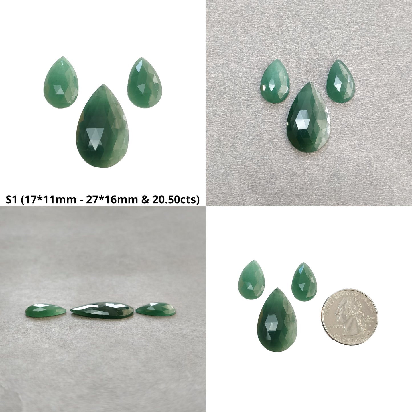 Green Quartzite & Blue Sapphire Gemstone Rose Cut : Natural Untreated Unheated Pear Shape 3pcs Sets