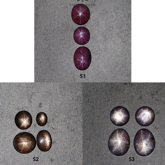 Star Ruby & Sapphire Gemstone Cabochon : Natural Untreated Unheated 6Ray Star Ruby And Chocolate Sapphire Oval And Round Shape Sets