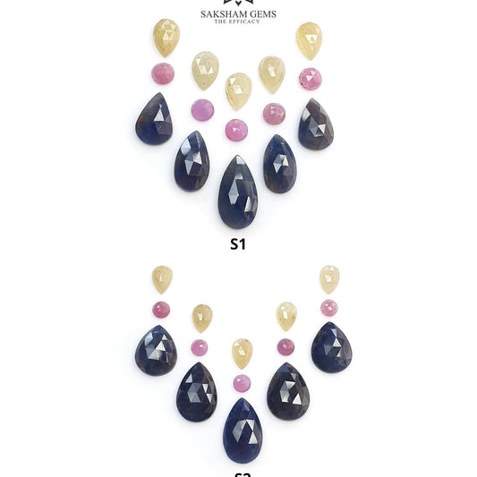 Blue & Pink Yellow Sapphire Gemstone Rose Cut : Natural Untreated Unheated Sapphire Pear Round Shape 15pcs Sets