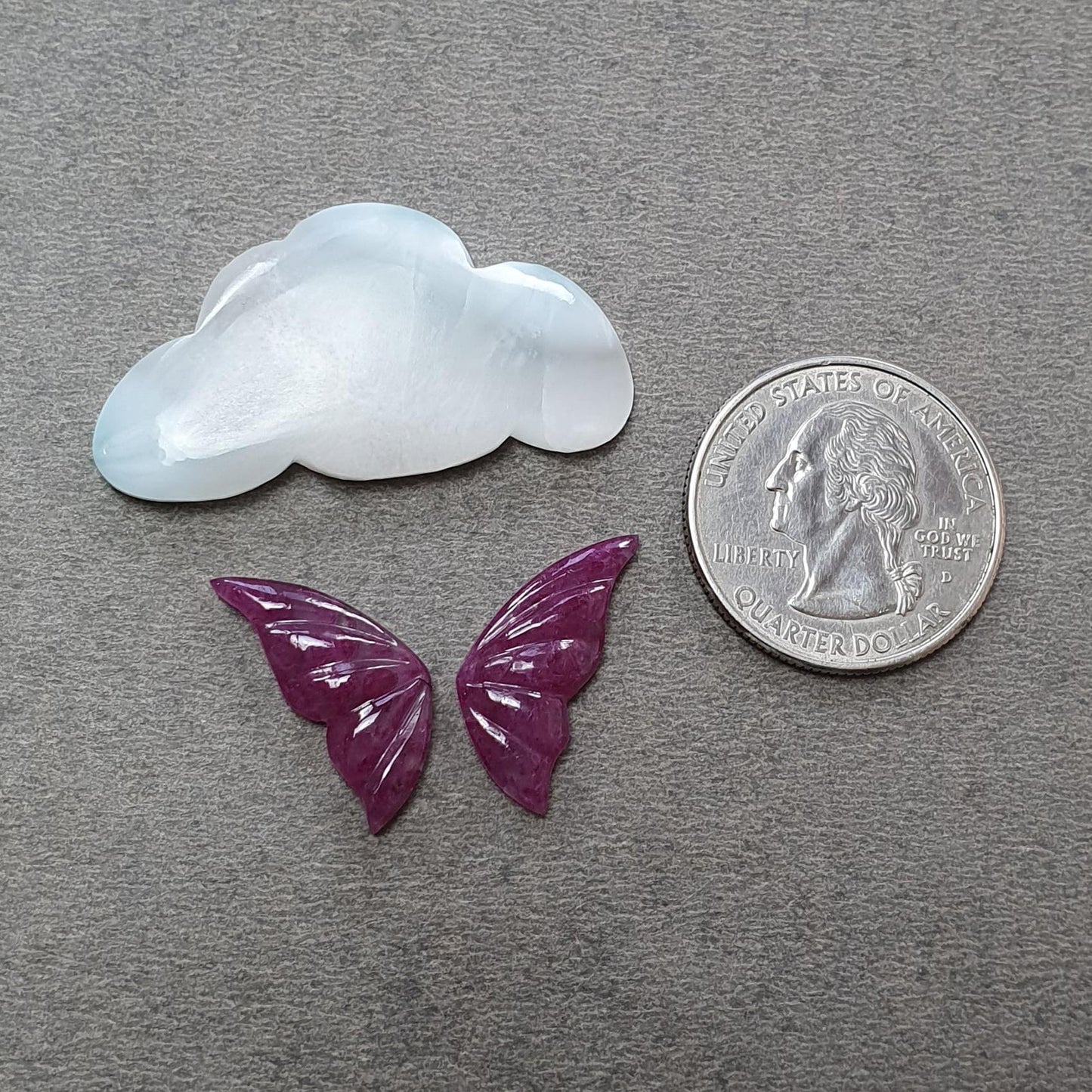 RUBY & LARIMAR Gemstone Carving : Natural Untreated Blue Larimar Red Ruby Hand Carved Butterfly, Cloud 3pcs, 4pcs Set