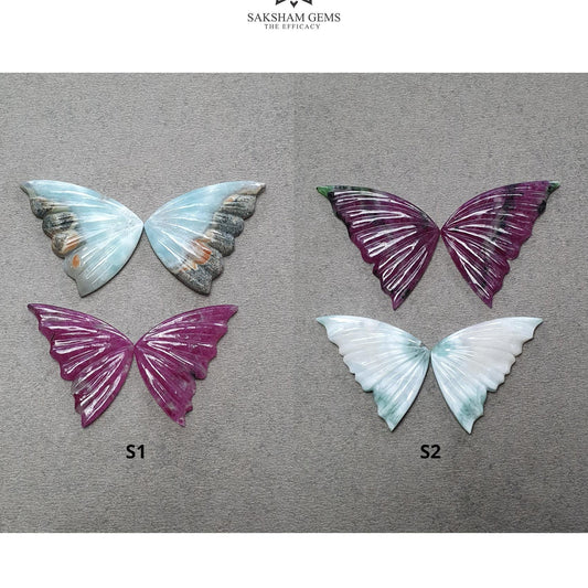 RUBY & LARIMAR Gemstone Carving : Natural Untreated Blue Larimar Red Ruby Hand Carved Butterfly 4pcs Set