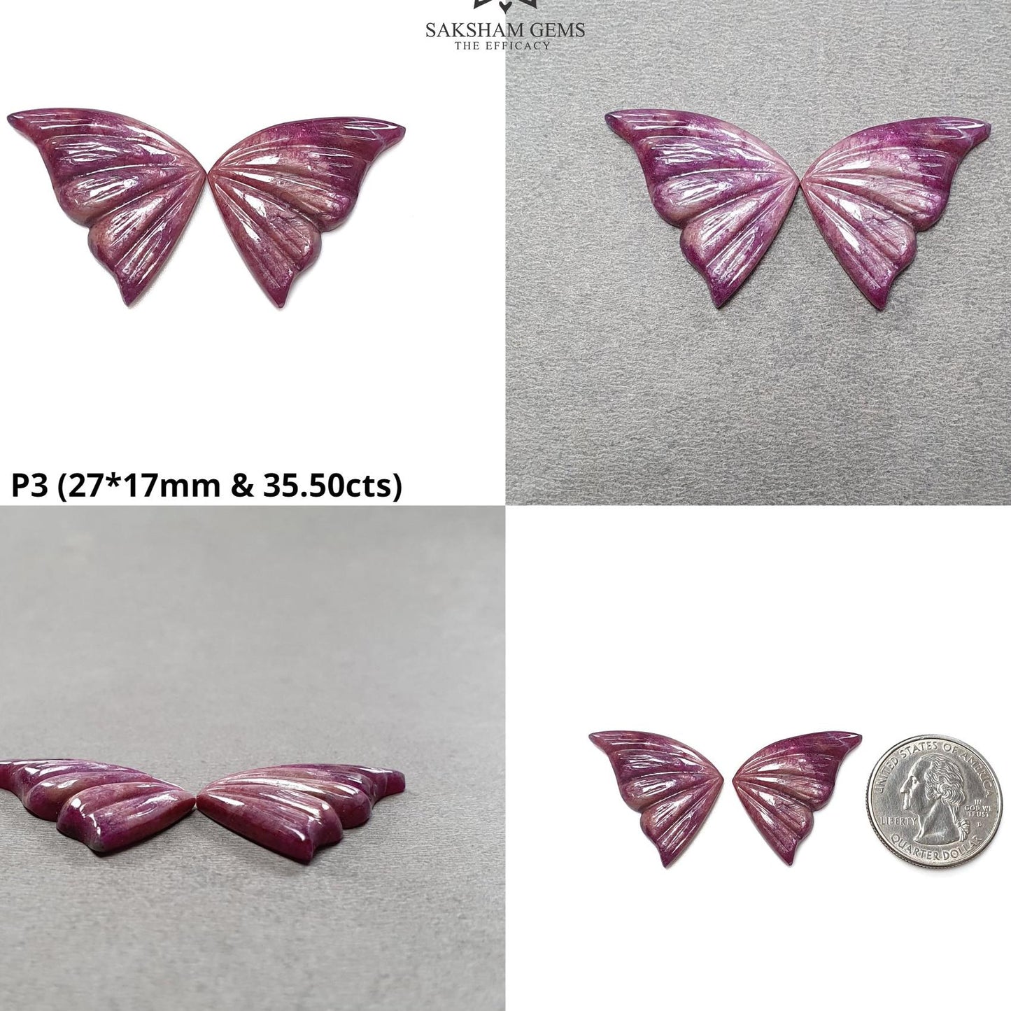 RUBY Gemstone Carving : Natural Untreated Unheated Longido Ruby Hand Carved Butterfly Pair