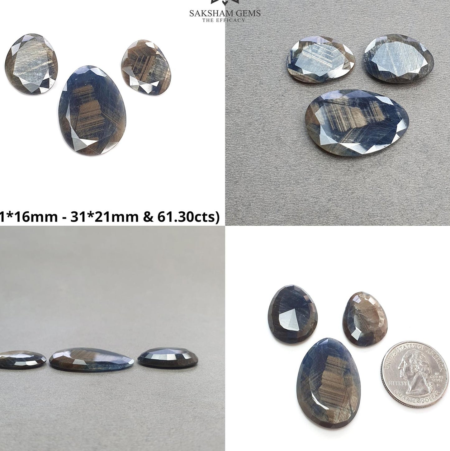 Chocolate & Blue Silver Sheen Sapphire Gemstone Normal Cut : Natural Untreated Golden Brown Sapphire Egg Shape 3pcs Set
