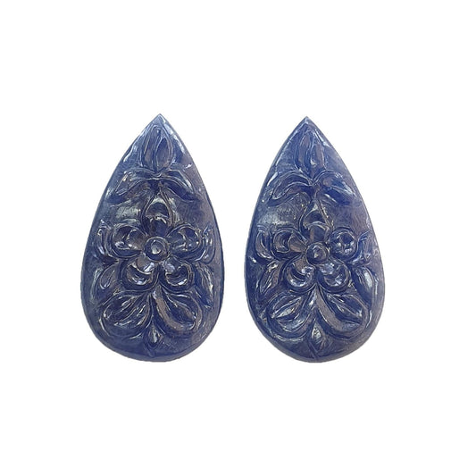 Blue Sapphire Gemstone Carving : 38.50cts Natural Untreated Unheated Blue Sapphire Hand Carved Pear Shape 31*16mm Pair
