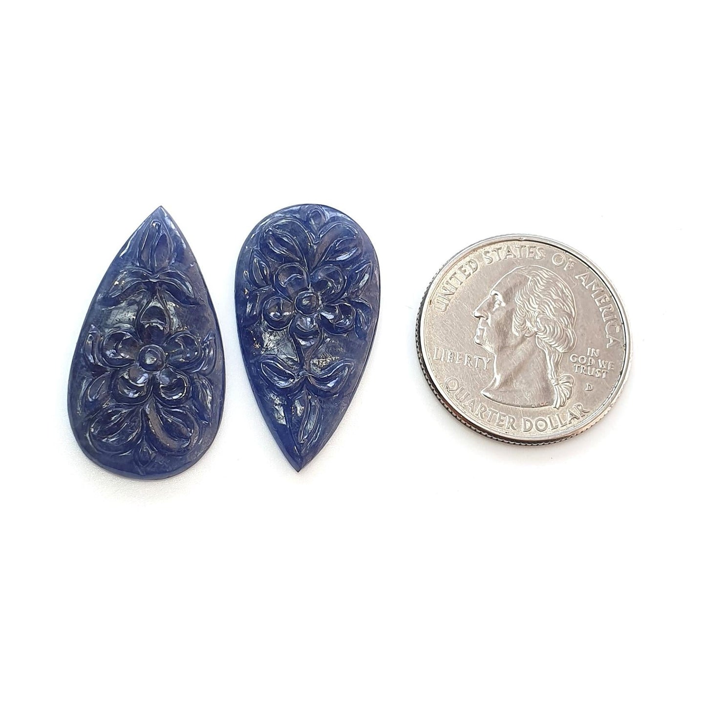 Blue Sapphire Gemstone Carving : 38.50cts Natural Untreated Unheated Blue Sapphire Hand Carved Pear Shape 31*16mm Pair