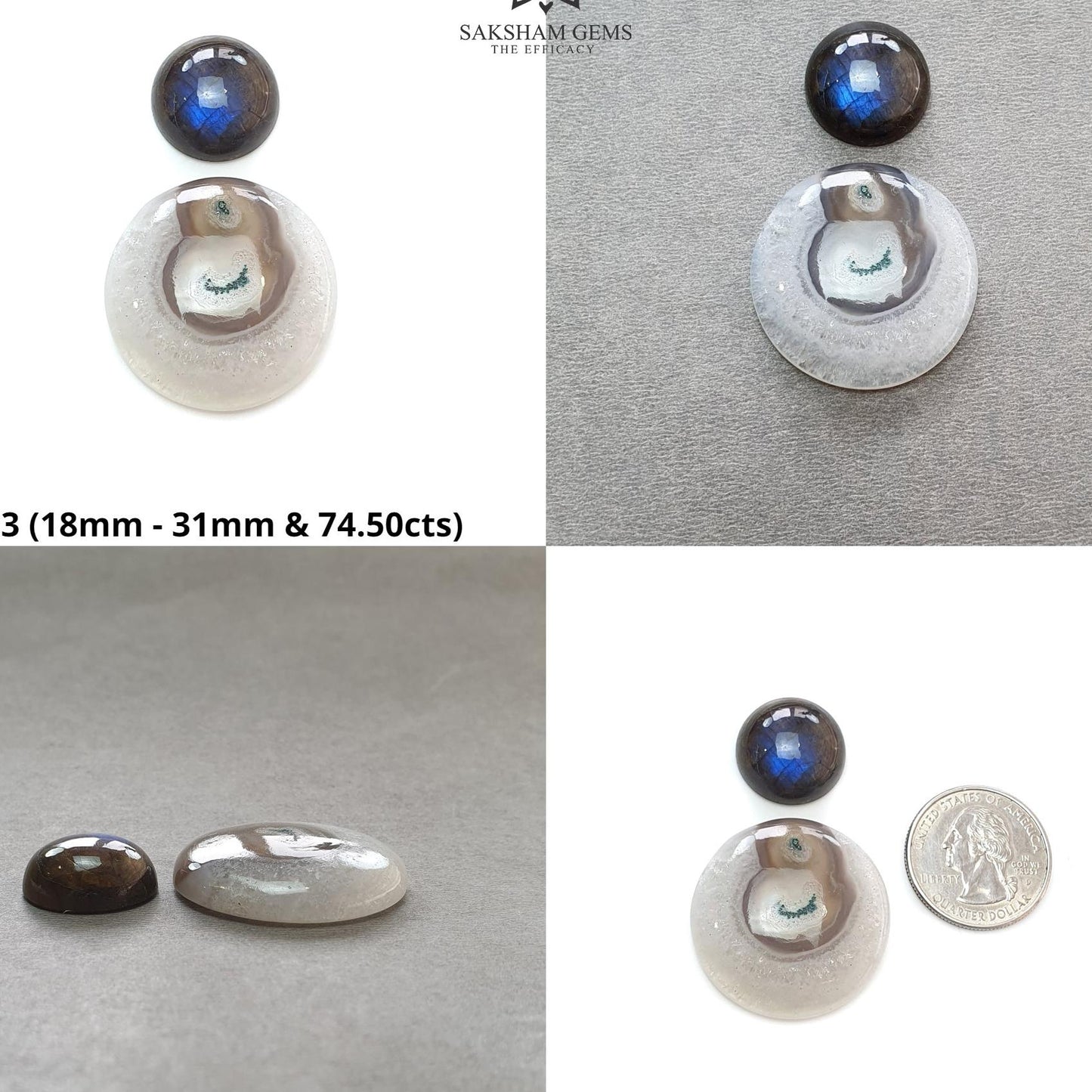 Botswana And Moss Agate Labradorite Gemstone Cabochon : Natural Untreated Bi-Color Agate Cushion Round Shape 2pcs Set