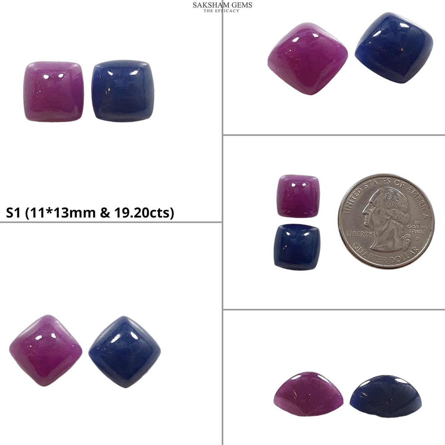 Blue Sapphire & RUBY Gemstone Cabochon : Natural Untreated Unheated Ruby Sapphire Cushion Shape Pair