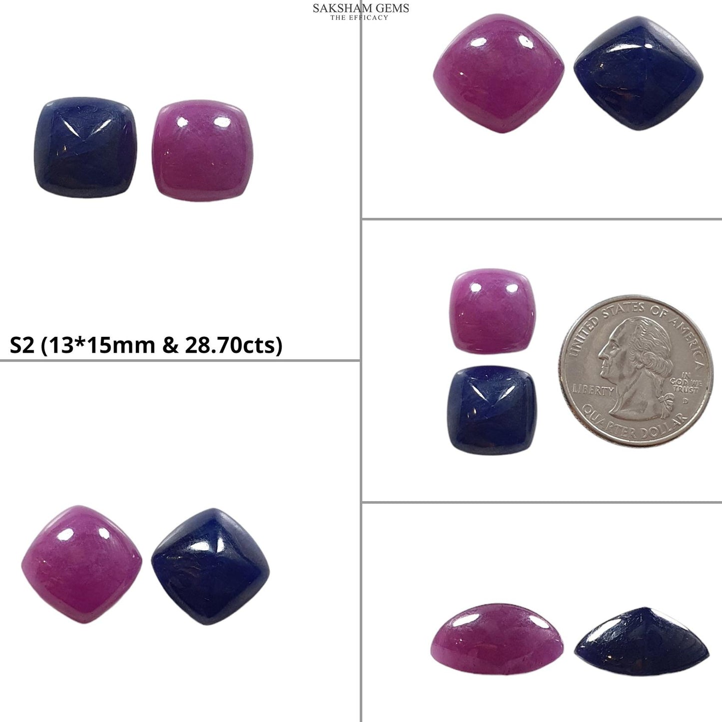 Blue Sapphire & RUBY Gemstone Cabochon : Natural Untreated Unheated Ruby Sapphire Cushion Shape Pair