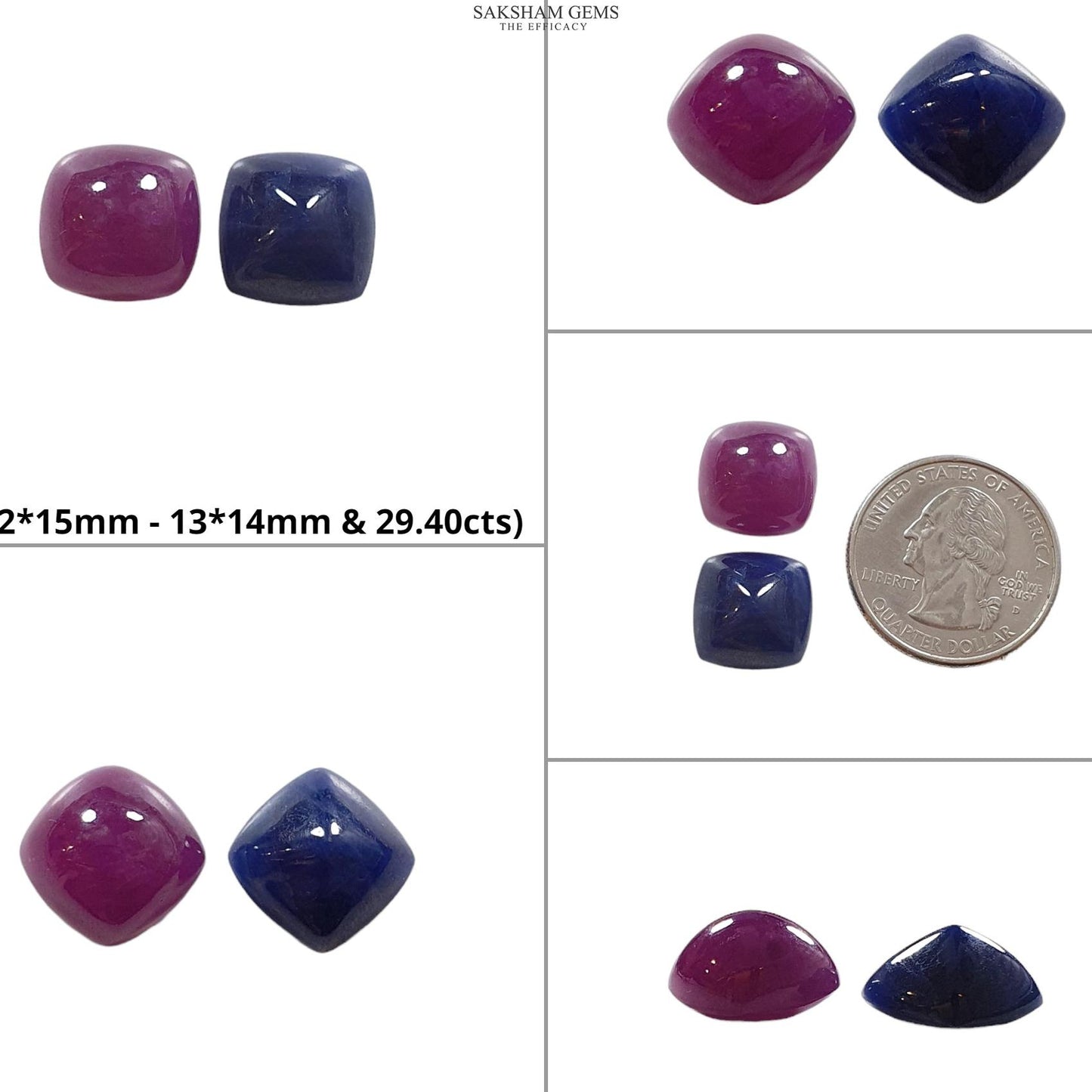 Blue Sapphire & RUBY Gemstone Cabochon : Natural Untreated Unheated Ruby Sapphire Cushion Shape Pair