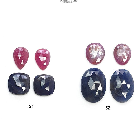 Ruby & Blue Sapphire Gemstone Rose Cut : Natural Untreated Unheated Ruby Sapphire Oval Cushion And Pear Shape 4pcs Sets