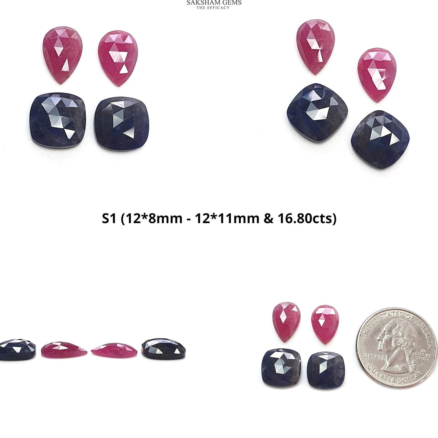 Ruby & Blue Sapphire Gemstone Rose Cut : Natural Untreated Unheated Ruby Sapphire Oval Cushion And Pear Shape 4pcs Sets