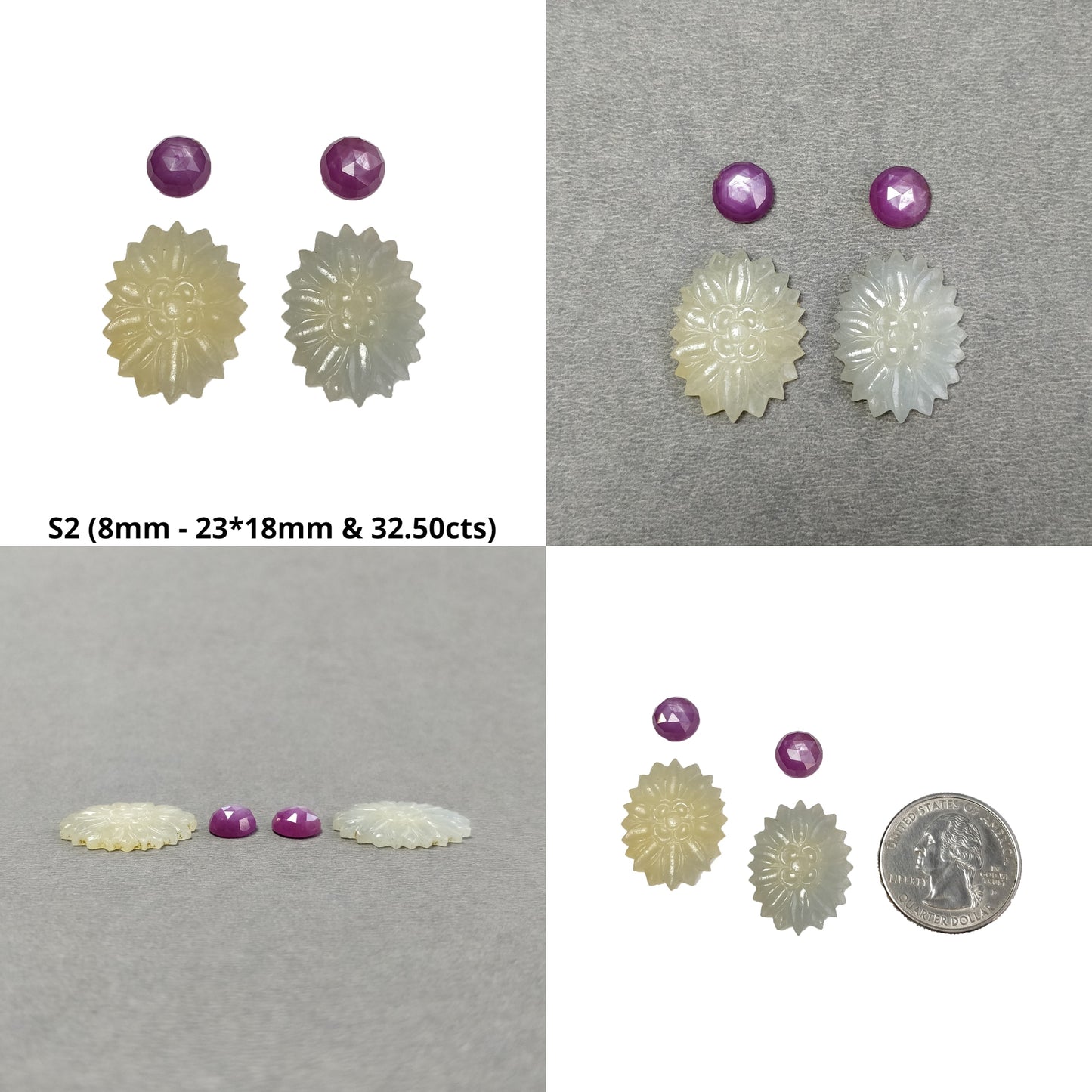 Yellow & Pink Sapphire Gemstone Carving And Rose Cut : Natural Untreated Sapphire Oval Round Shapes 4pcs Sets
