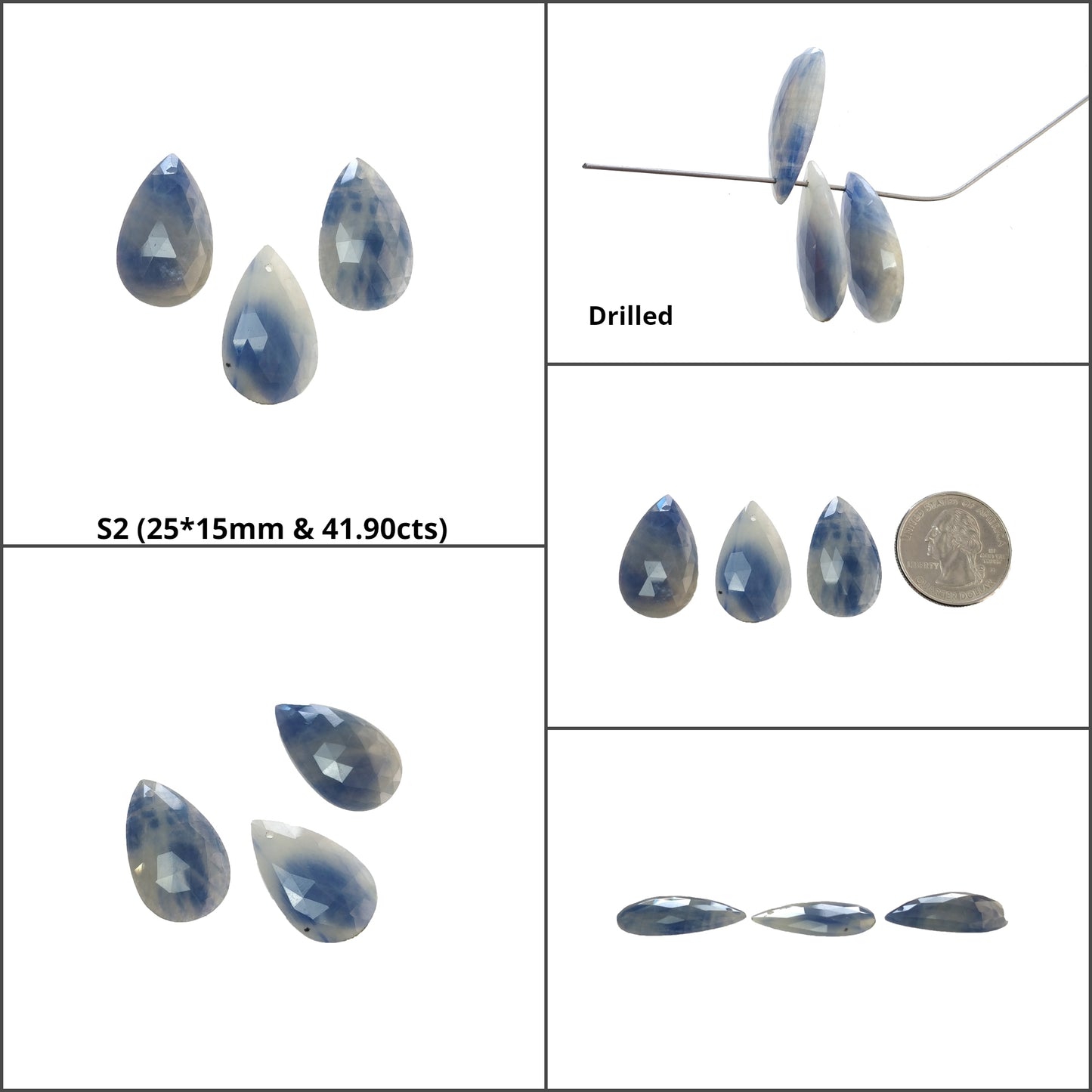 Green Quartzite & Blue Sapphire Gemstone Rose Cut : Natural Untreated Unheated Pear Shape 3pcs Sets