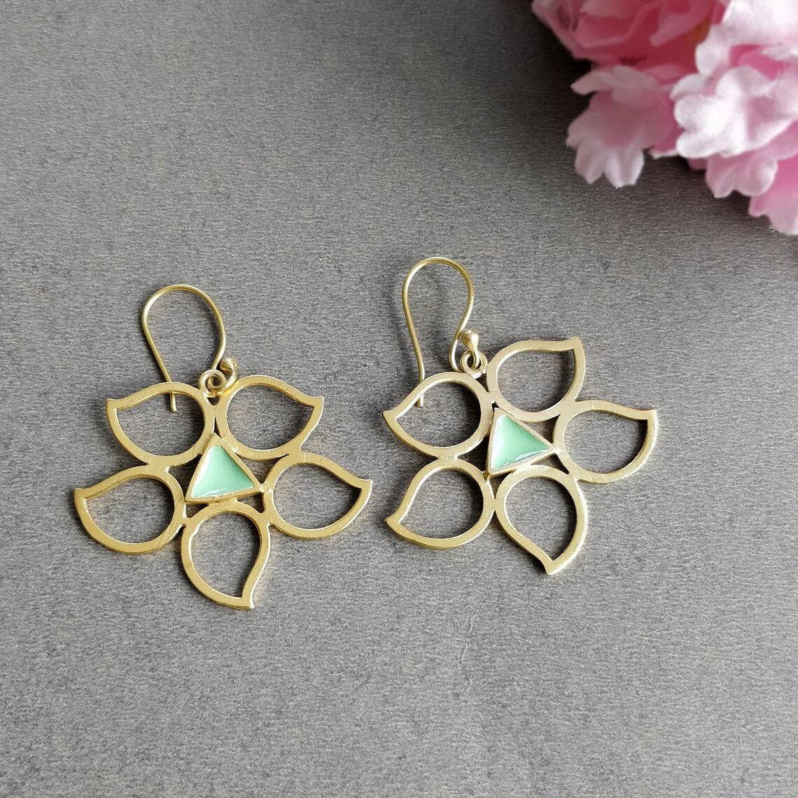 Handmade Brass Earring : 4*4CM 18k Gold Plated 10.00gms Green Enamel Brass Boho Style Leaf Design Drop Dangle Hook Earring Gift For Her