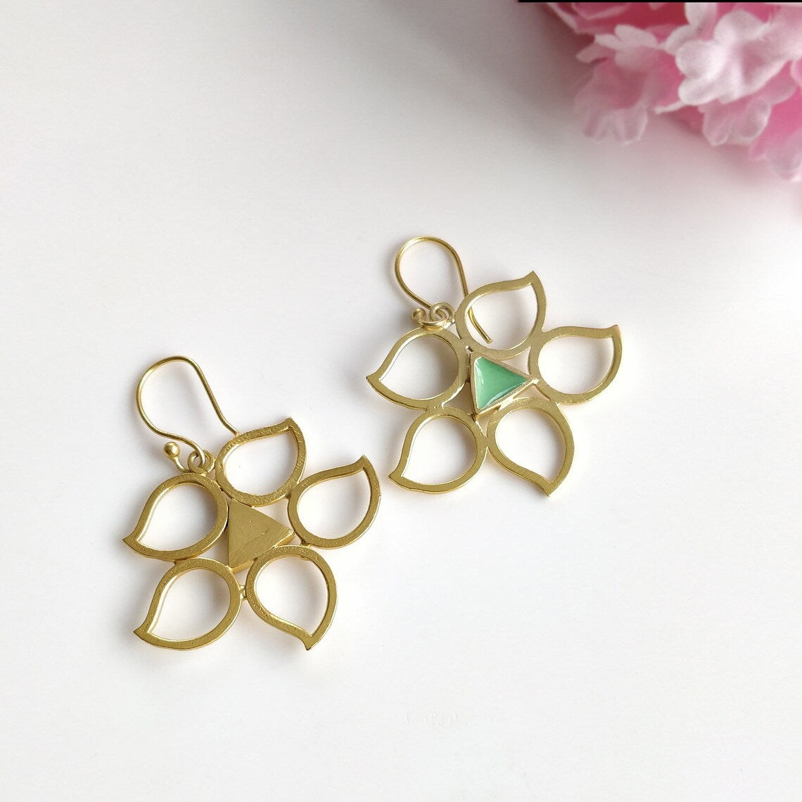 Handmade Brass Earring : 4*4CM 18k Gold Plated 10.00gms Green Enamel Brass Boho Style Leaf Design Drop Dangle Hook Earring Gift For Her