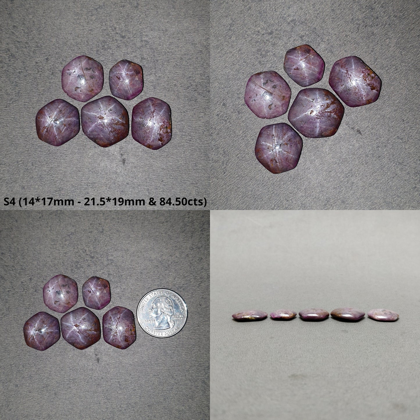 Johnson Star Ruby Gemstone Cabochon : 47cts - 84cts Natural Untreated Unheated Red 6Ray Star Ruby Hexagon Uneven Shapes 4pcs & 5pcs Sets