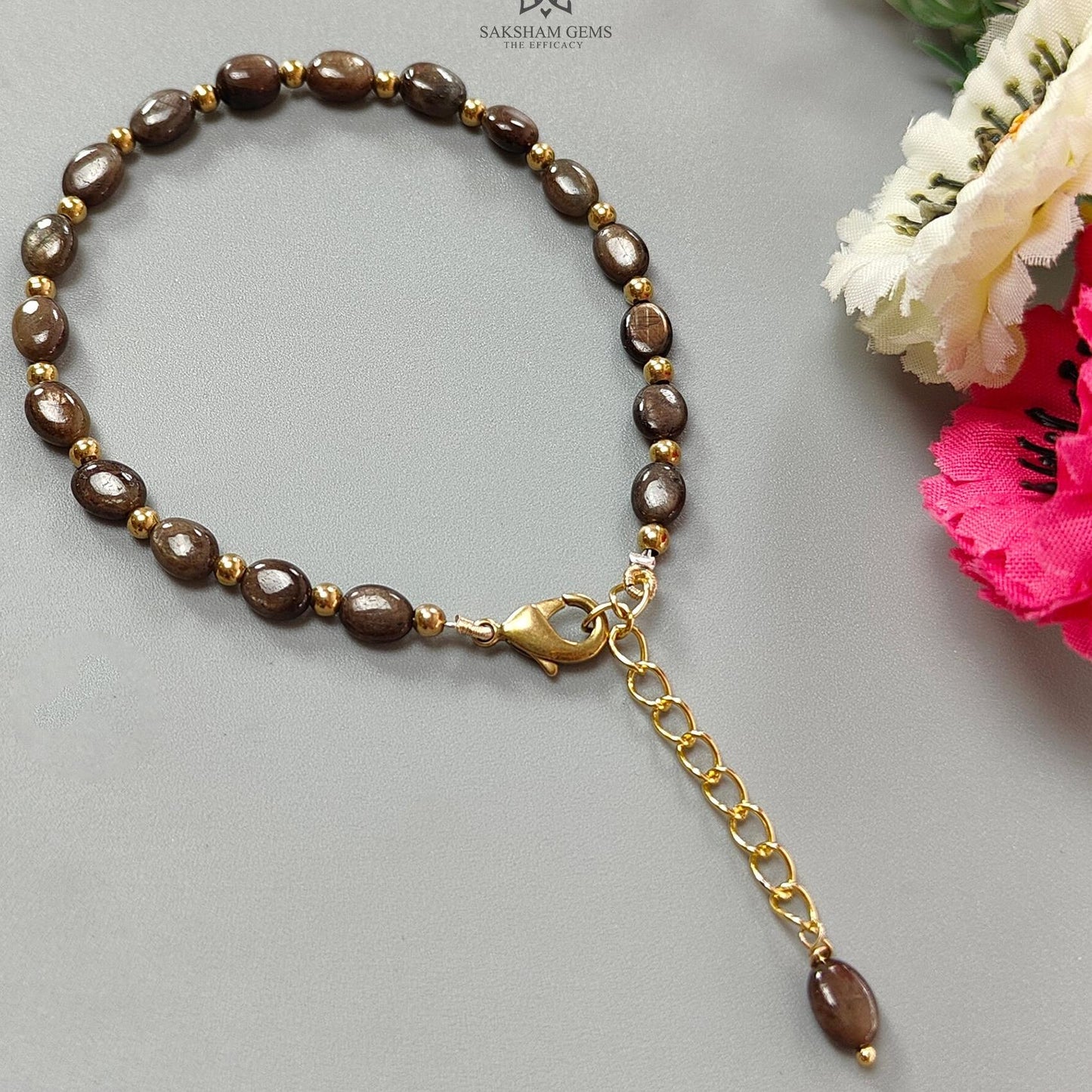 Golden Brown Chocolate Sapphire Beads Bracelet: 7.14gms Natural Untreated Sapphire Oval Shape Plain Brass Bracelet 6*5mm 6.70"