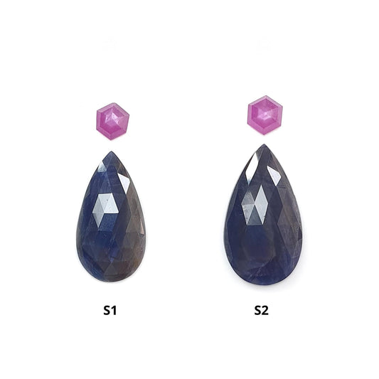 Blue, Pink Sapphire Gemstone Rose Cut Slices: Natural Untreated Unheated Sapphire Pear Shape 2pcs Set for Jewelry September Birthstone