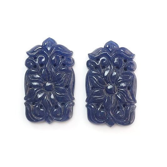 Blue Sapphire Gemstone Carving: 101.30cts Natural Untreated Sapphire Hand Carved Baguette Shape 37*21.5mm Pair September Birthstone