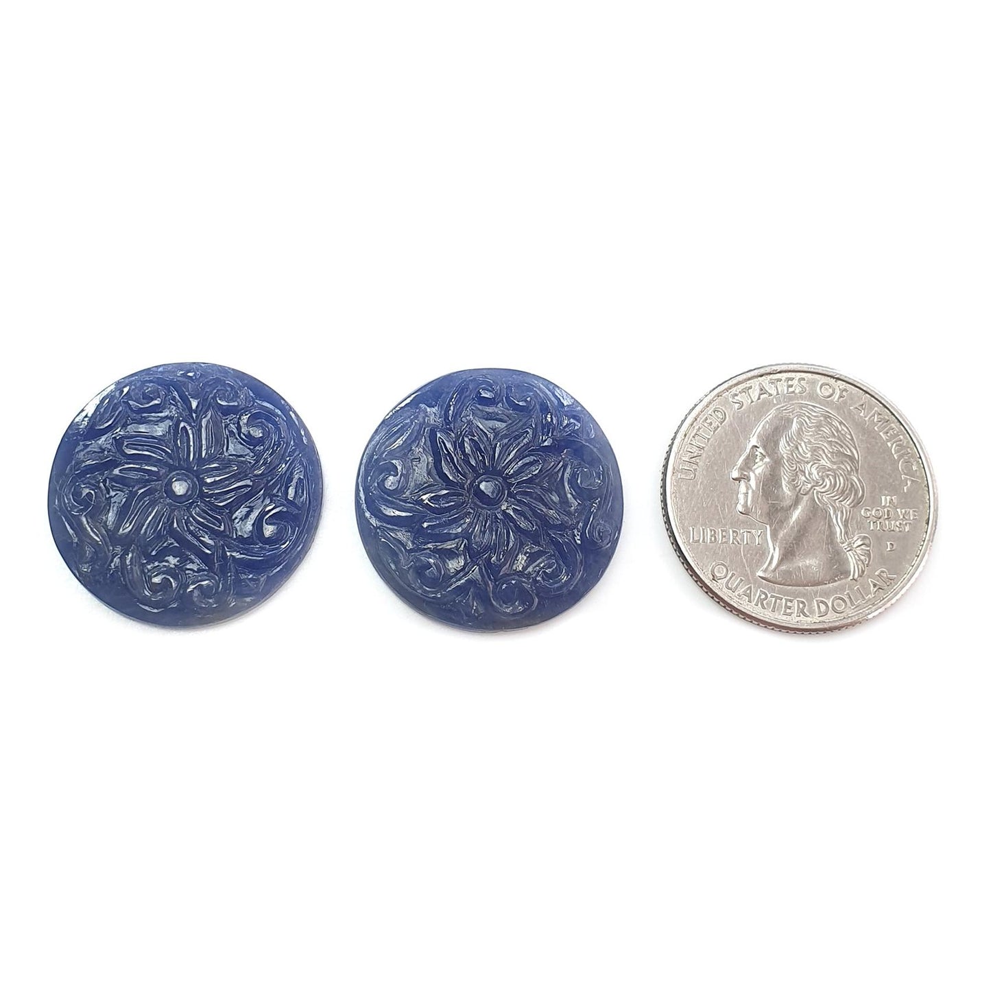 Blue Sapphire Gemstone Carving: 47.20cts Natural Untreated Sapphire Hand Carved Round Shape 24mm Pair September Birthstone