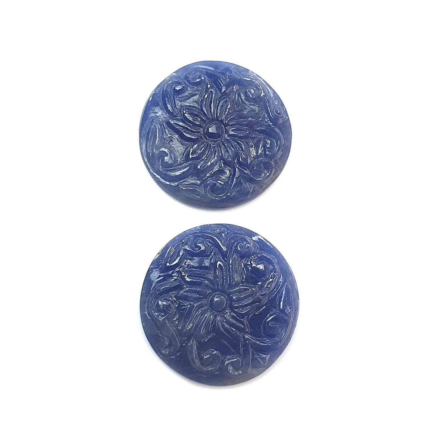 Blue Sapphire Gemstone Carving: 47.20cts Natural Untreated Sapphire Hand Carved Round Shape 24mm Pair September Birthstone