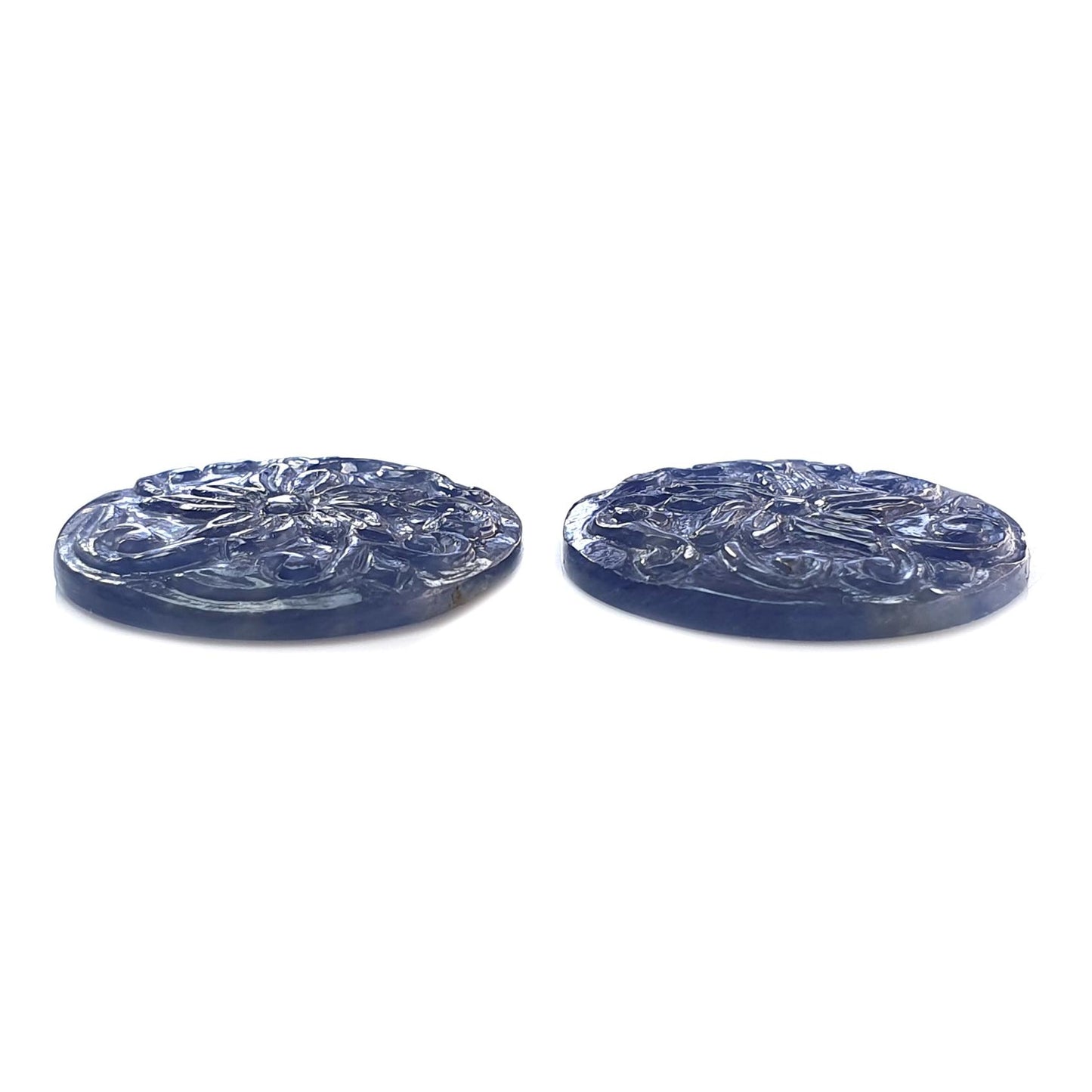 Blue Sapphire Gemstone Carving: 47.20cts Natural Untreated Sapphire Hand Carved Round Shape 24mm Pair September Birthstone