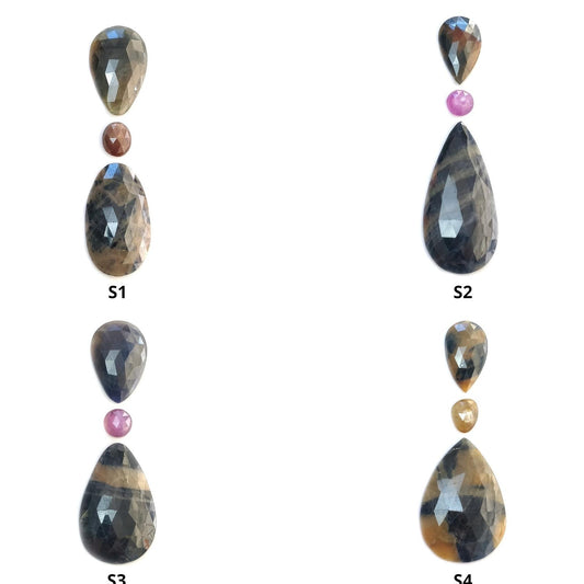 Multi Sapphire Gemstone Rose Cut : Natural Untreated Unheated Sapphire Bi-Color Pear Shape Sets For Jewelry