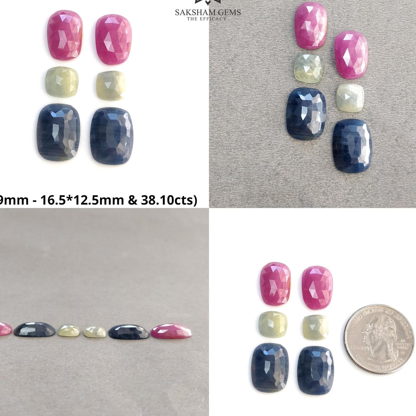 Blue Silver & Multi Sapphire Gemstone Rose Cut : Natural Untreated Unheated Sapphire Cushion And Oval Shape 6pcs Sets