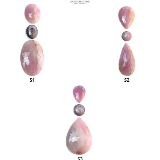 Pink Sapphire Gemstone Rose Cut & Cabochon : Natural Untreated Unheated Round Oval And Pear Shape 3pcs Sets